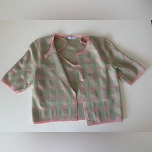 Zara Pastel Gingham Button Cardigan Pink & Green Preppy Knit